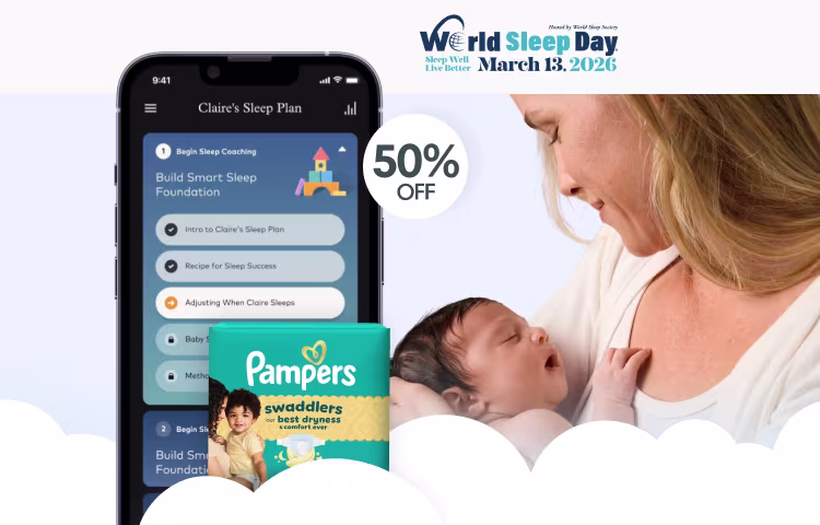Mom holding baby looking down smiling. baby sleeping happily. Offer is depicted on top with 50% off the Smart Sleep Coach app and presented as a combo with the Swaddlers Pampers diapers
