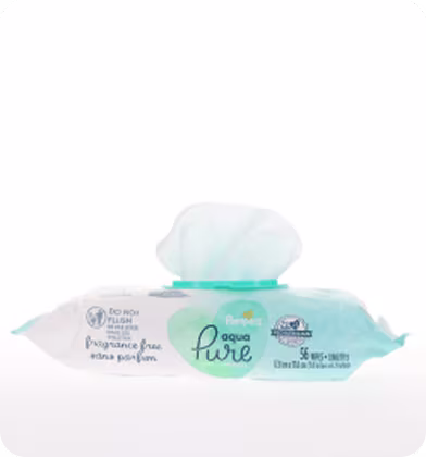 A spinning render of a Pampers Aqua Pure wipe pack A spinning render of a Pampers Aqua Pure wipe pack