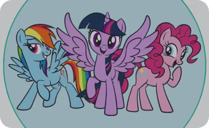 Three cartoon ponies from "My Little Pony" are shown on a light blue background.
