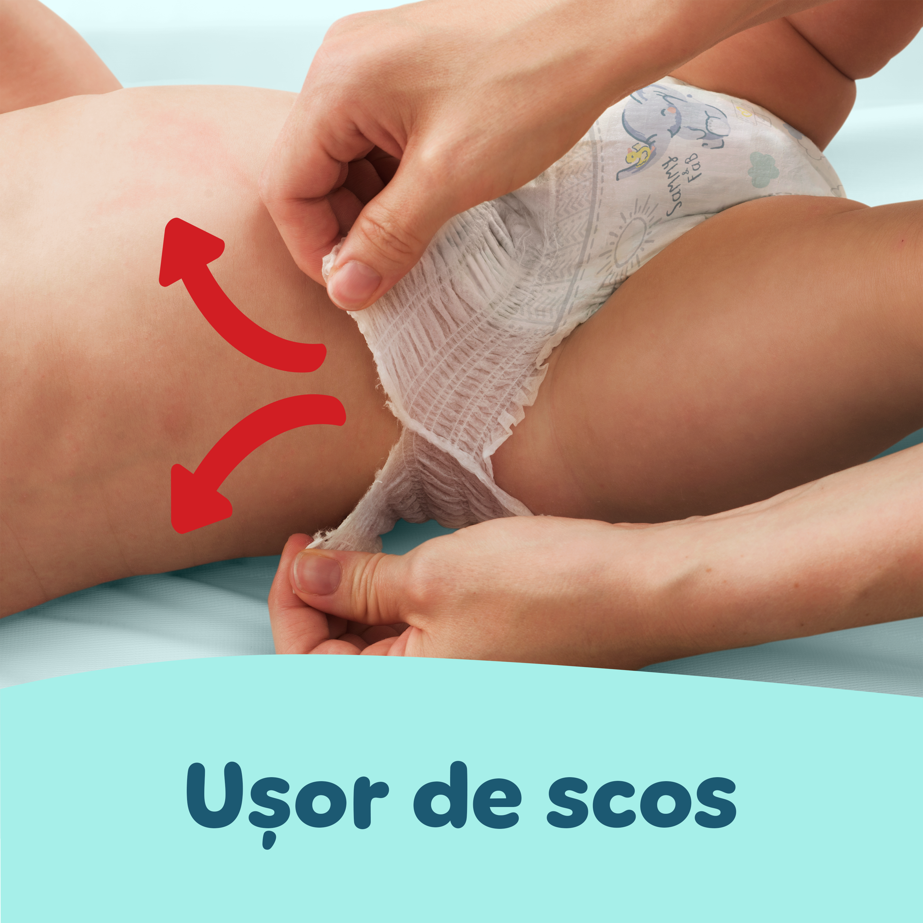 Imagine în care se arată cât de ușor se scoate scutecul prin ruperea lateralelor.