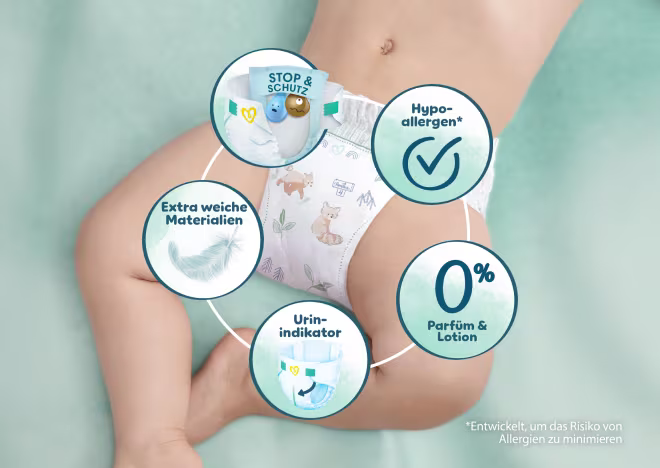 Vorteile von Pampers Harmonie Windeln: 0% Parfüm und Lotion, Hypoallergen, Super saugfähiger Kern, Urin-Indikator, Extra weiche Materialien