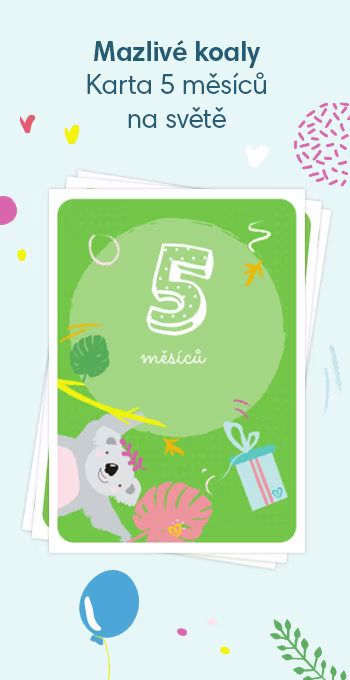 Tištěné karty na oslavu 5 měsíců od narození vašeho děťátka. Zdobí je veselé motivy, včetně mazlivé koaly a nápisu: 5 měsíců na světě!