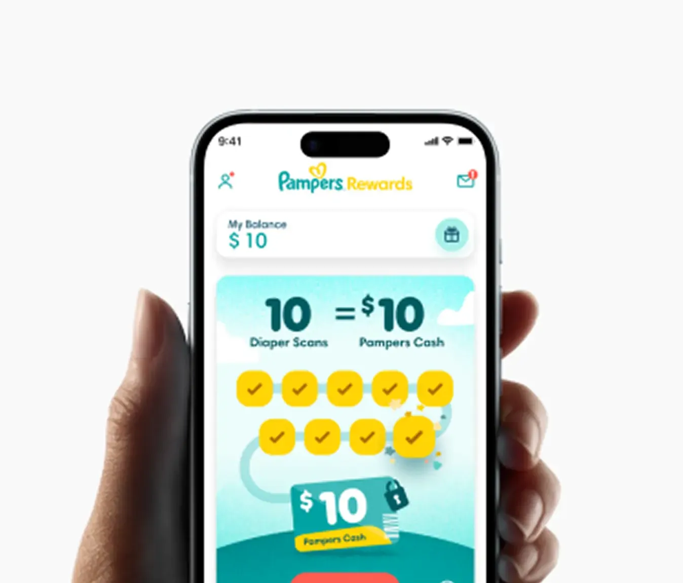 Hand holding a phone showing the Pampers rewards app homescreen