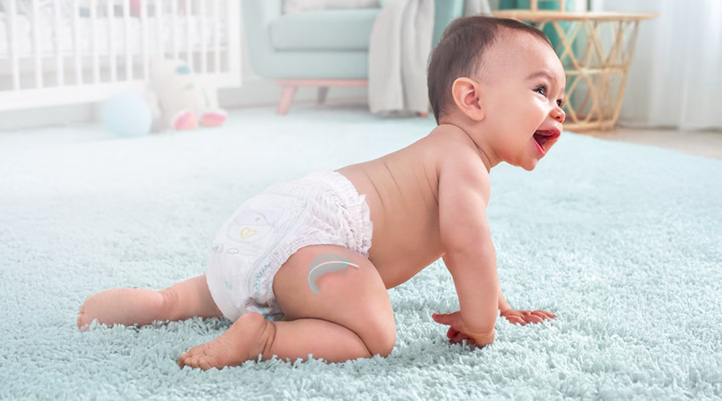 Bebé sorridente a gatinhar com uma fralda-cueca Dodot