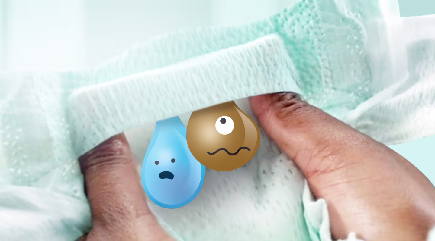 Lähikuvassa kaksi kättä vetää Pampers-vaippaa varovasti erilleen, paljastaen Stop & Protect -taskun.