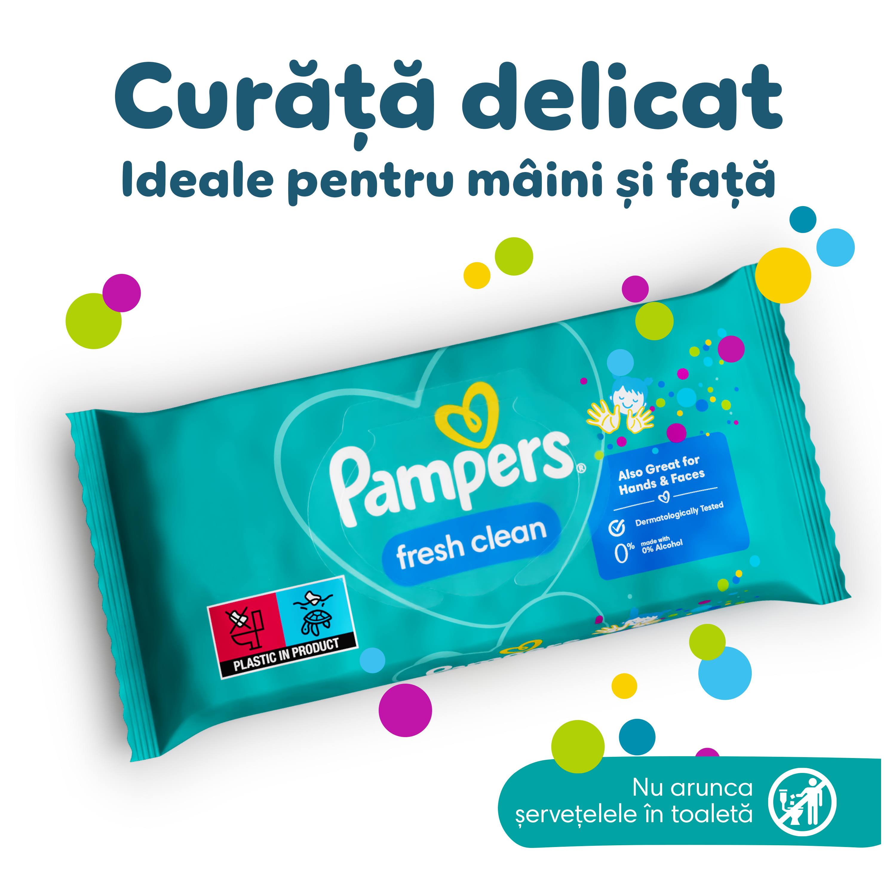 Imagine cu pachetul de șervețele Pampers Fresh Clean, cu titlul „Curăță delicat” și subtitlul „Ideale pentru mâini și față”.