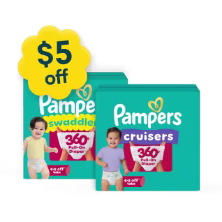 Pampers Cruisers 360 and Swaddlers 360 pack shot with $5 off coupon