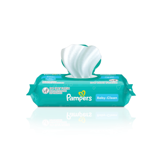 Pampers Baby-Clean wipes package with one wipe pulled out.
