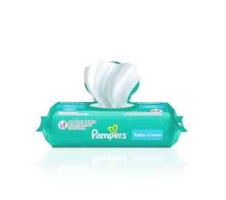 Pampers Baby-Clean wipes package with one wipe pulled out.