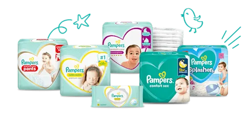 Catálogo de productos Pampers: pañales, calzoncitos para bebés y toallitas húmedas.