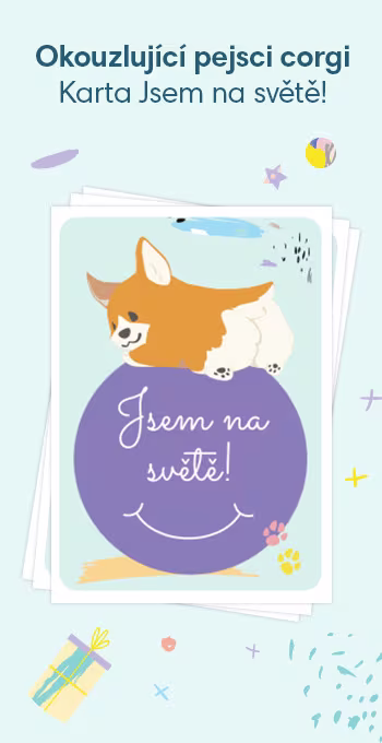 Tištěné karty na oslavu narození miminka. Zdobí je veselé motivy, včetně okouzlujícího pejska corgi a nápisu: Jsem na světě!