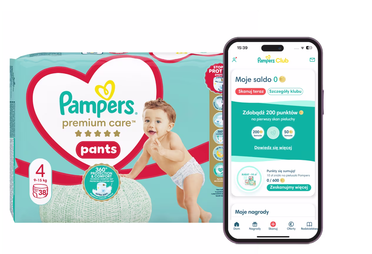 Logo Pampers Club i opakowanie pieluszek z aplikacją Pampers Club pokazaną na telefonie