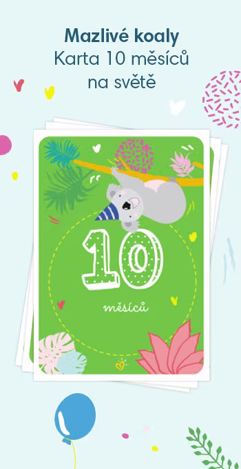 Tištěné karty na oslavu 10 měsíců od narození vašeho děťátka. Zdobí je veselé motivy, včetně mazlivé koaly a nápisu: 10 měsíců na světě!