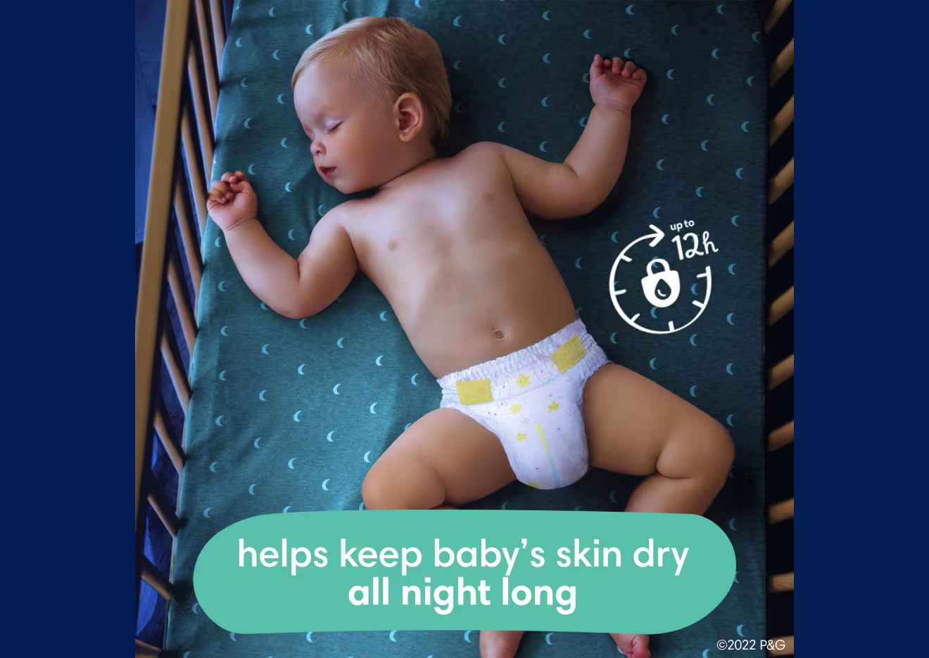 Les couches Pampers Swaddlers Overnights aident à garder la peau de bébé au sec toute la nuit.