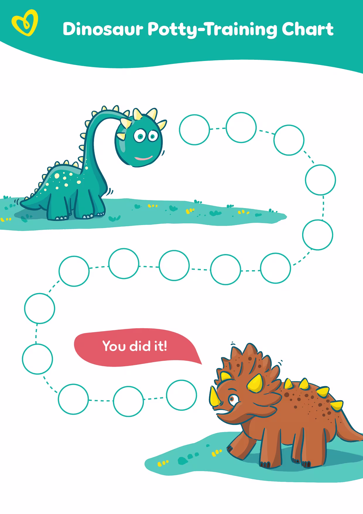 Downloadable free dinosaur potty chart showing dinos connected by a potty journey path