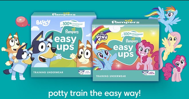 Vidéo montrant les boîtes de produits Easy Ups mettant en évidence les personnages amusants et les caractéristiques pour faciliter l’apprentissage de la propreté.