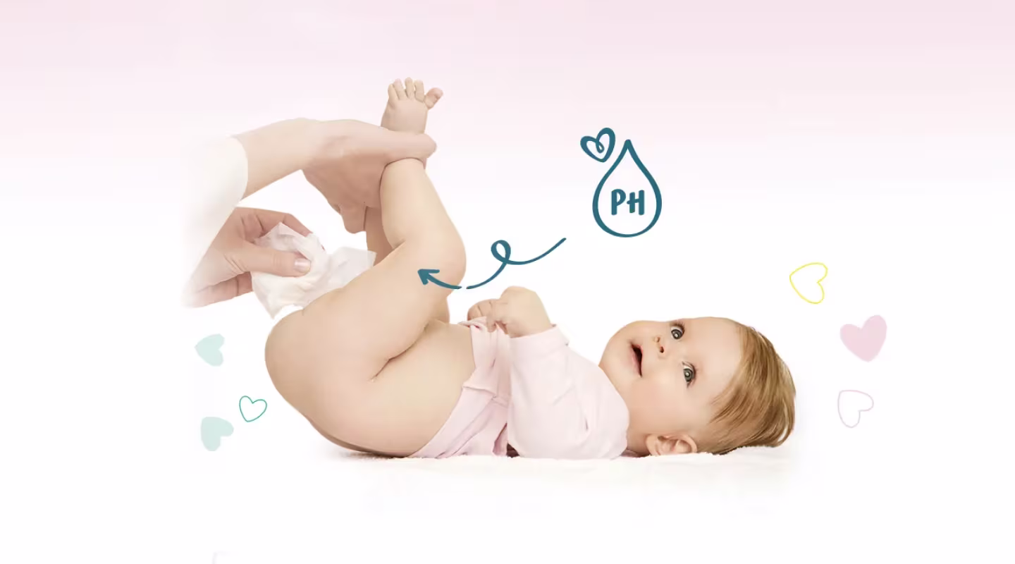 Um bebé está deitado de costas enquanto uma pessoa lhe limpa o rabinho com uma toalhita.