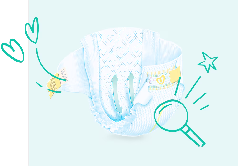 Full view of Pampers Premium Care for Newborn and their seperate components: absorbent core, topsheet, backsheet and stretch fastenings.
