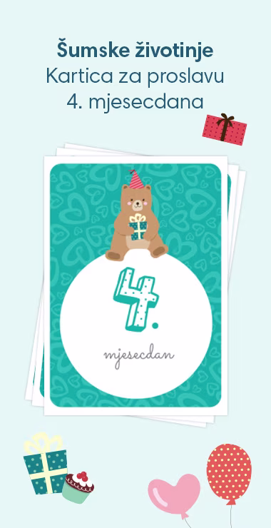 Slavljeničke kartice za proslavu 4. mjesecdana vaše bebe! Ukrašene veselim motivima uključujući preslatkog medvjedića s poklonom i natpis: 4. mjesecdan