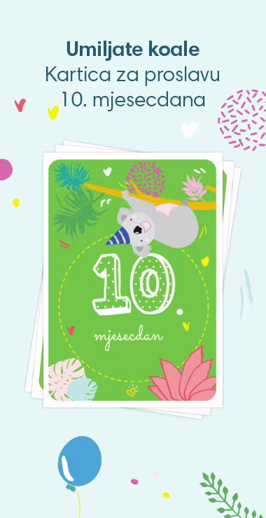 Slavljeničke kartice za proslavu 10. mjesecdana vaše bebe! Ukrašene veselim motivima uključujući umiljatu koalu i natpis: 10. mjesecdan