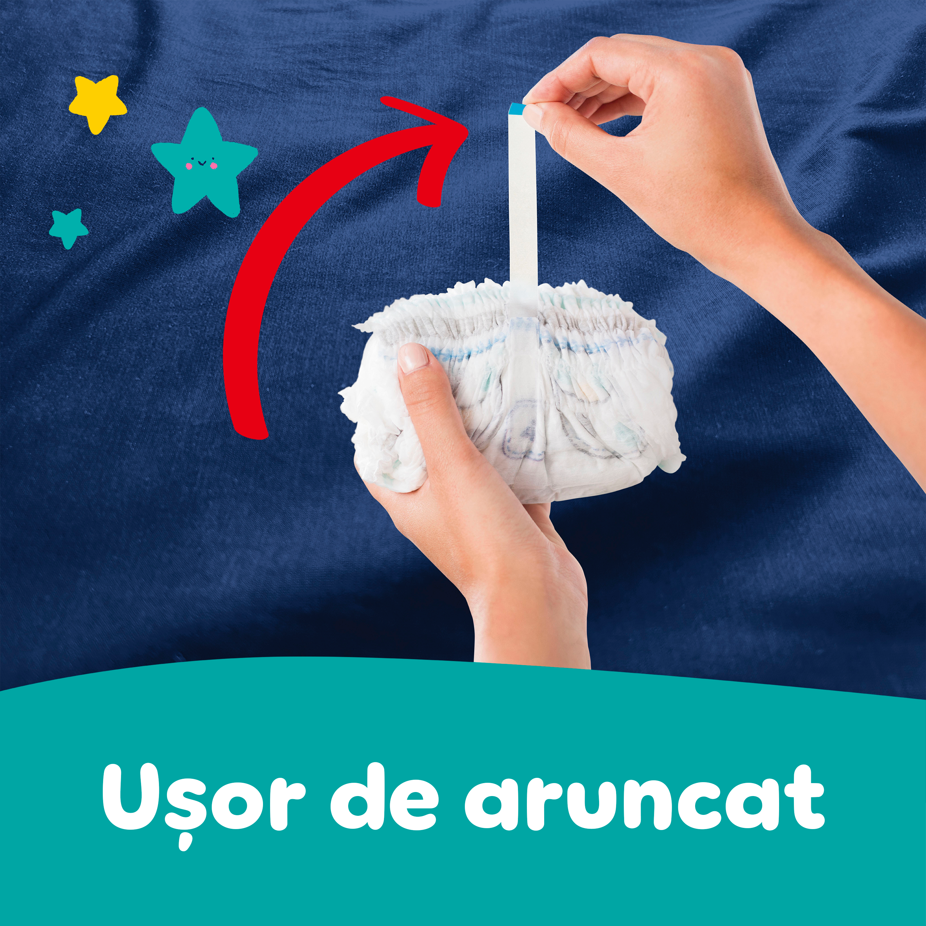 Imagine în care se arată cum se rulează scutecele-chiloțel pentru a fi aruncate la coșul de gunoi.