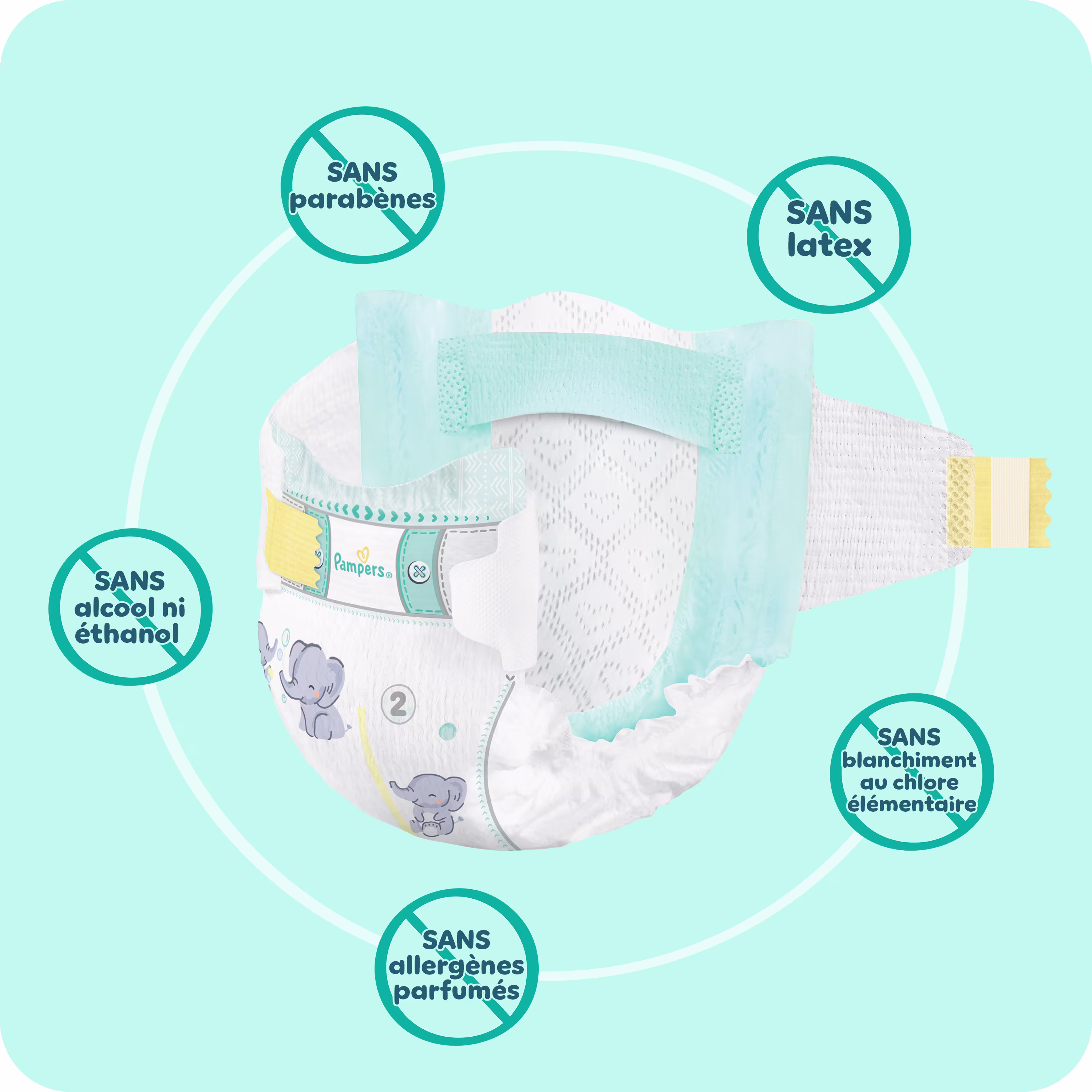 3D Pampers Taped diaper on a light blue background, surrounded by crossed-out ingredient icons indicating what the diaper does not contain.