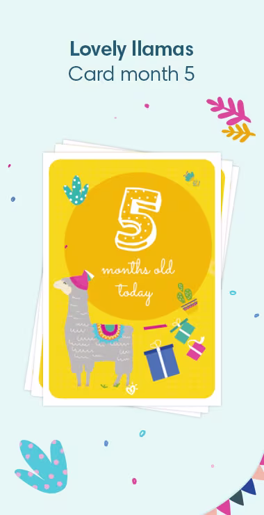 Printed cards to celebrate your baby's 5 monthiversary!. Decorated with happy motifs including the lovely llama and a celebration note: 5 months today!