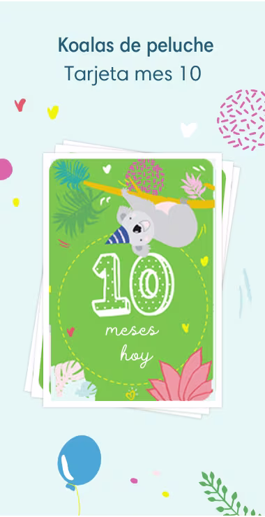 Printed cards to celebrate your baby's 10 monthiversary. Decorated with happy motifs  including the cuddly koala and a celebration note: 10 months today!