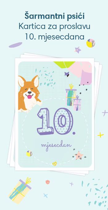 Tiskane čestitke za proslavu 10. mjesecdana vaše bebe! Ukrašene veselim motivima uključujući šarmantnog psića i slavljeničku poruku: 10. mjesecdan!