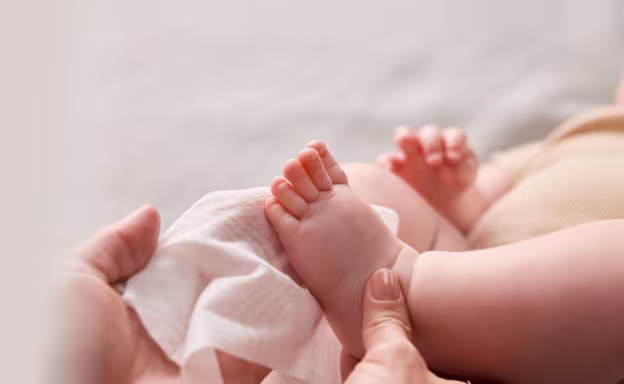 Foto de una mamá limpiando a su bebé con toallitas húmedas Pampers.