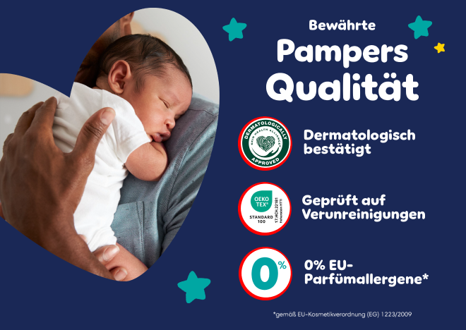 Bewährte Pampers Qualität: Dermatologisch bestätigt, 0% EU-Parfümallergene gemäß EU-Kosmetikverordnung (EG) 1223/2009, Geprüft auf Schadstoffe