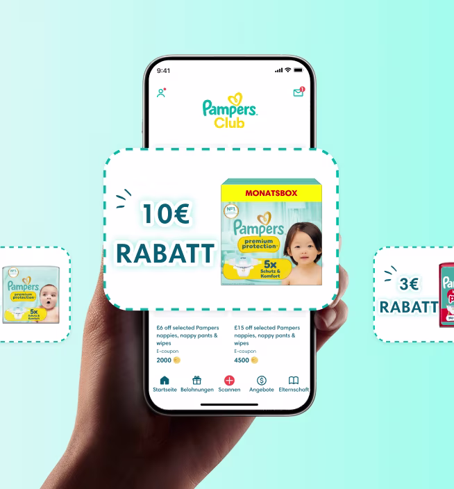 Hand, die ein Telefon hält, auf dem der Startbildschirm der Pampers Club App angezeigt wird