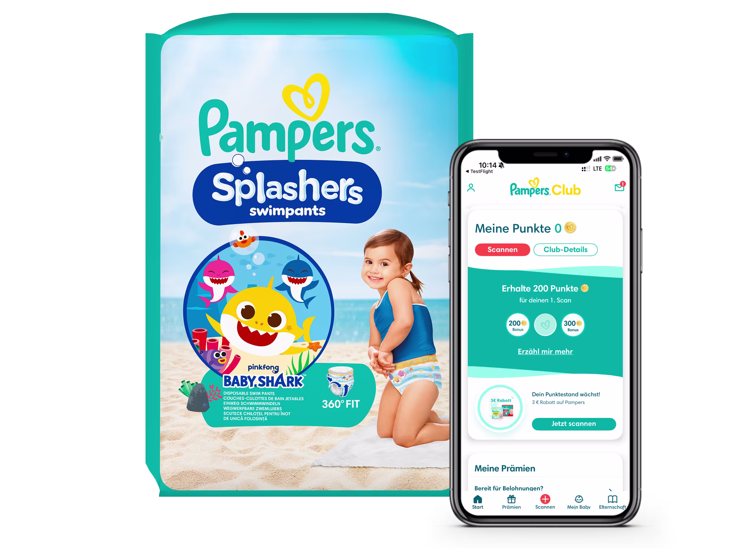 Pampers Club-Logo und Packung Windeln mit der Pampers Club App, die auf einem Telefon angezeigt wird.