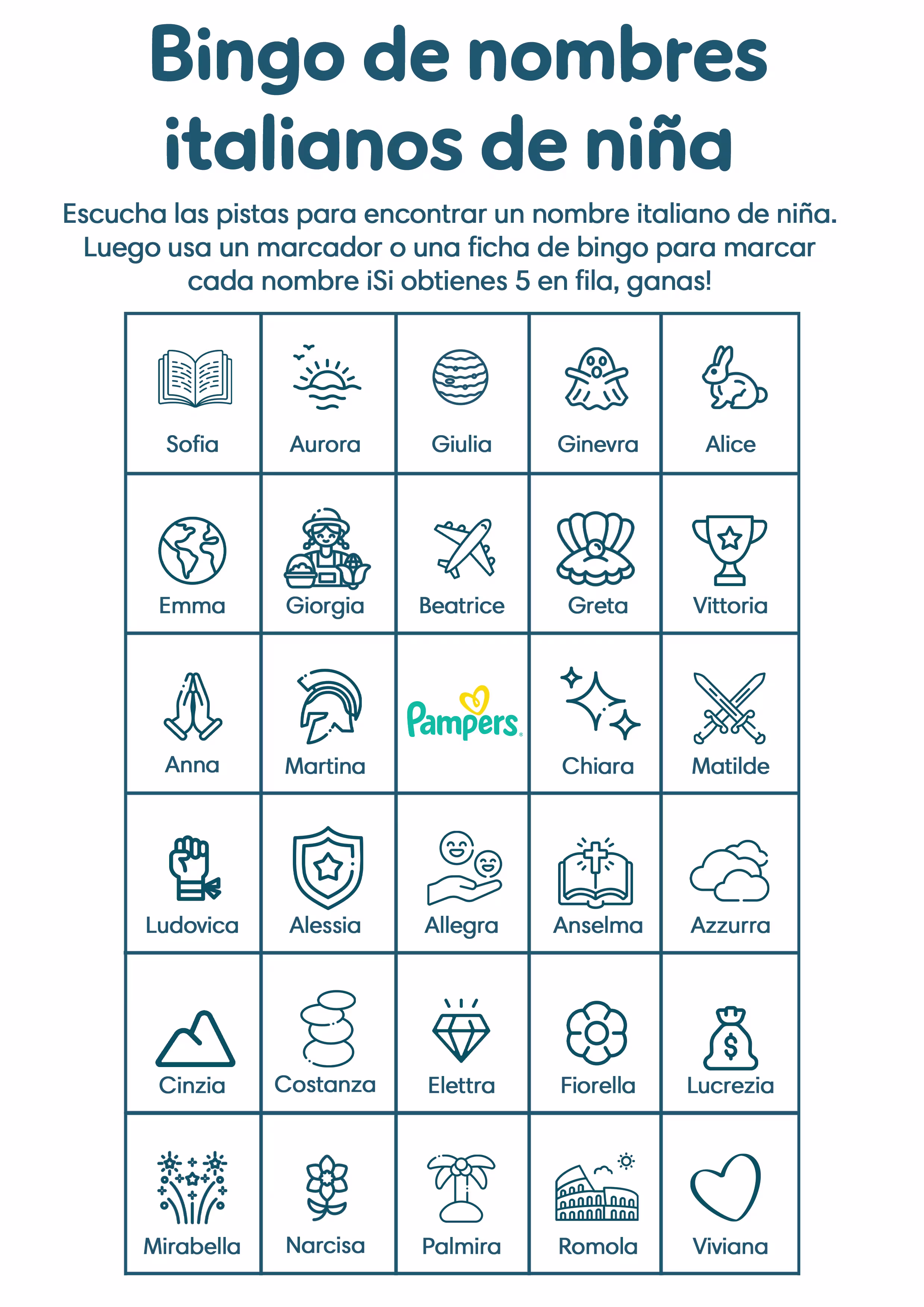 Bingo de nombres italianos de niñas