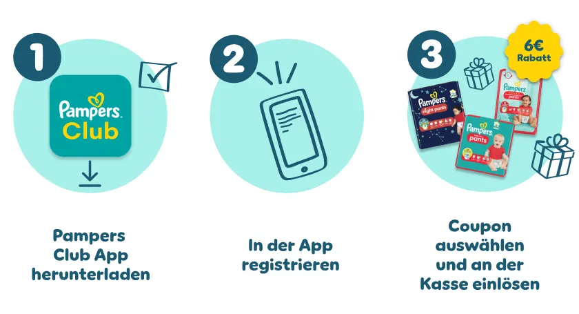 Pampers Club App herunterladen - registrieren - Coupon für Pampers Pants Größe 4-6 sichern