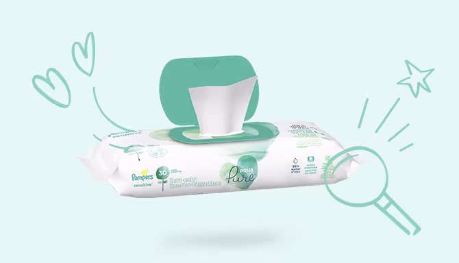 Vue complète de nos couches Pampers Pure Protection et de ses différents composants : noyau absorbant, élastiques flexibles, système de fermeture à la ceinture et bande indicateur d’humidité. Nos couches sont magnifiquement illustrées avec des motifs dessinés à la main.