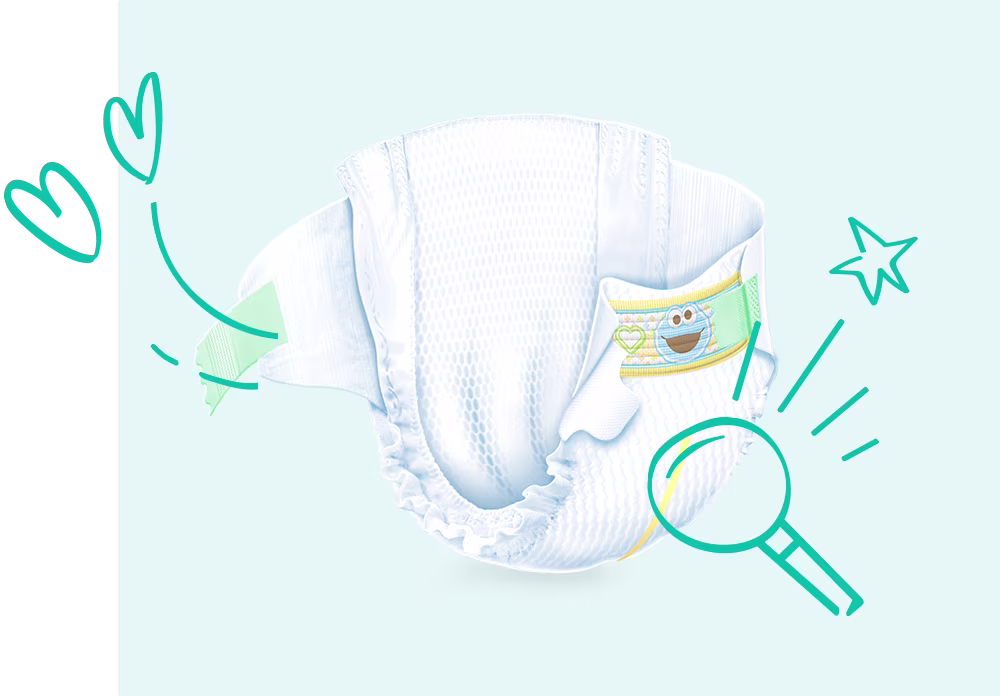 استعراض كامل لبامبرز new Baby-Dry ومكوناته المُفصلة: طبقة أساسية ماصّة وطبقة علوية وأخرى خلفية والأربطة المطاطة.