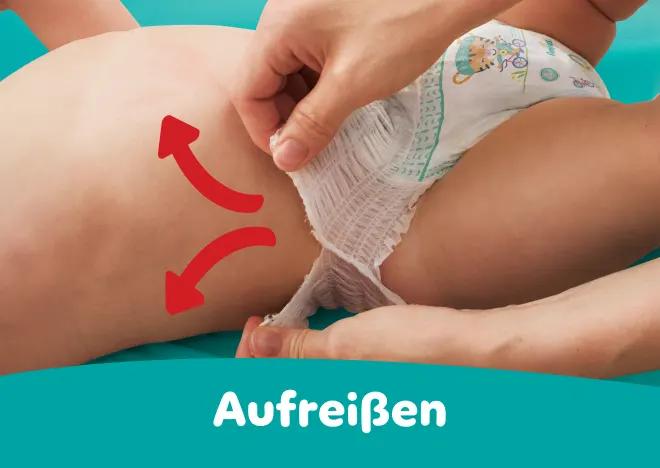 Hände reißen die Seitenbündchen der Pants auf und verdeutlichen das einfache Ausziehen.