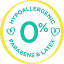 Hypoallergenic icon showing Pampers contains 0% parabens and latex