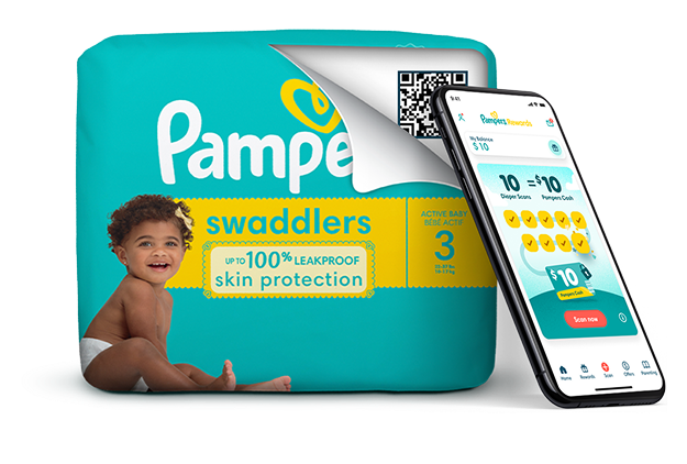 Phone displaying Pampers Rewards app homescreen, resting up against a Pampers diaper pack