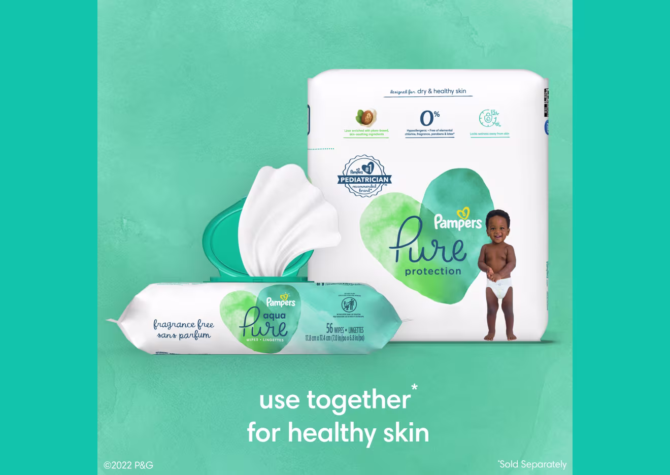 Imagen de pañales Pure y toallitas Aqua Pure que se pueden usar juntas para obtener una piel saludable