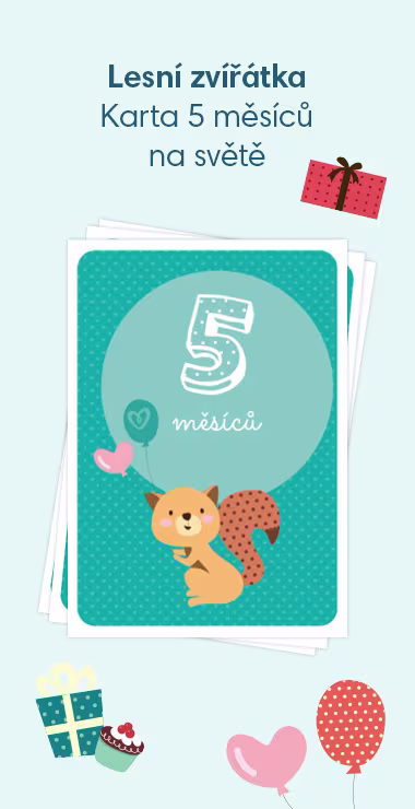 Tištěné karty na oslavu narození miminka. Zdobí je veselé motivy, včetně rozkošné lesní veverky v party kloboučku a nápisu: 5 měsíců na světě!