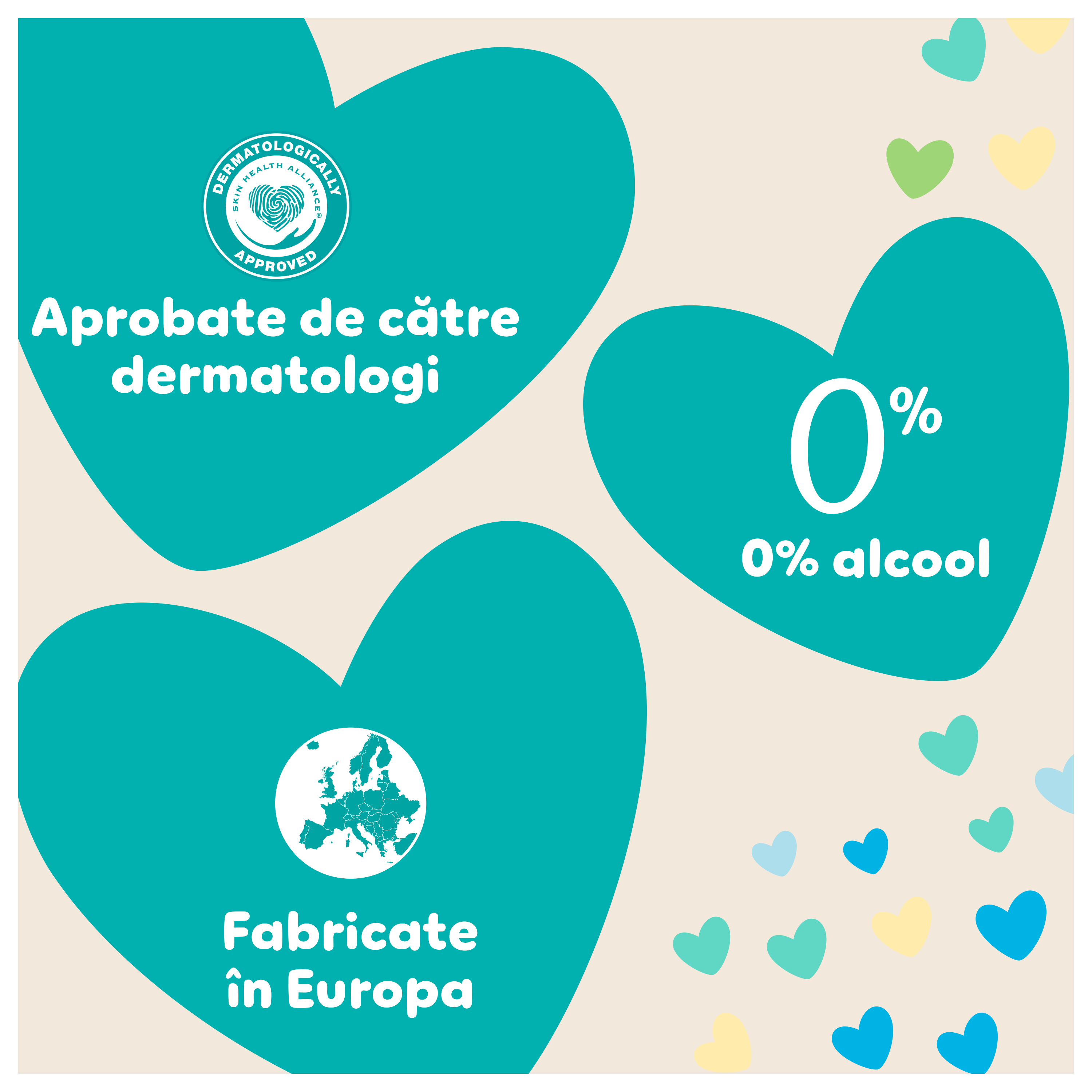 Imagine cu 3 inimi în culoarea albastru teal. Pe acestea apar textele: Aprobate de către dermatologi; 0% alcool; Fabricate în Europa.