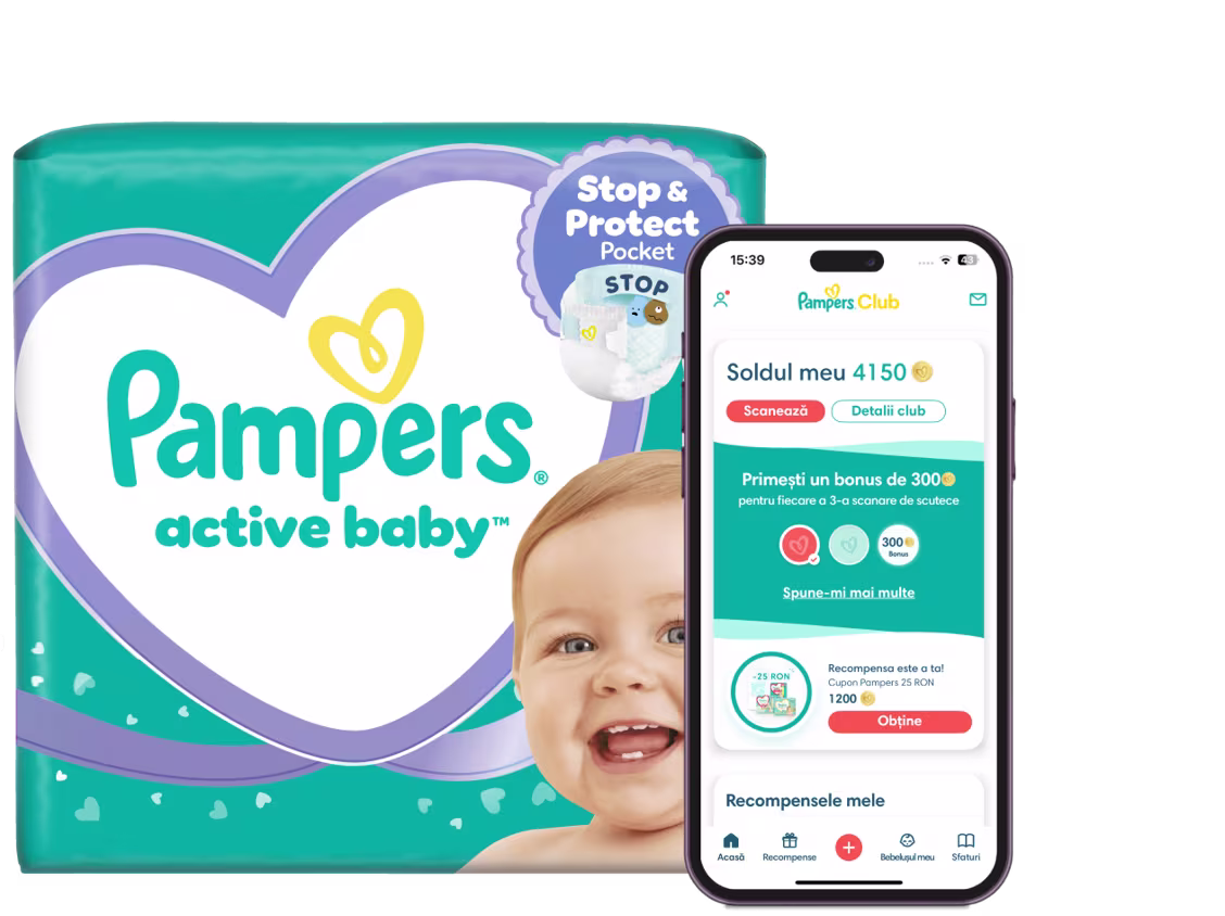 Logo Pampers Club și ambalajul scutecelor cu aplicația Pampers Club afișată pe telefon