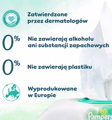 Zbliżenie na chusteczki Pampers Harmonie New Baby wyciągane z opakowania oraz lista certyfikatów.