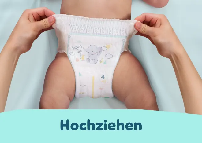 Hände ziehen die Pants hoch und verdeutlichen, dass die Pants mit einem Zug angezogen werden können.
