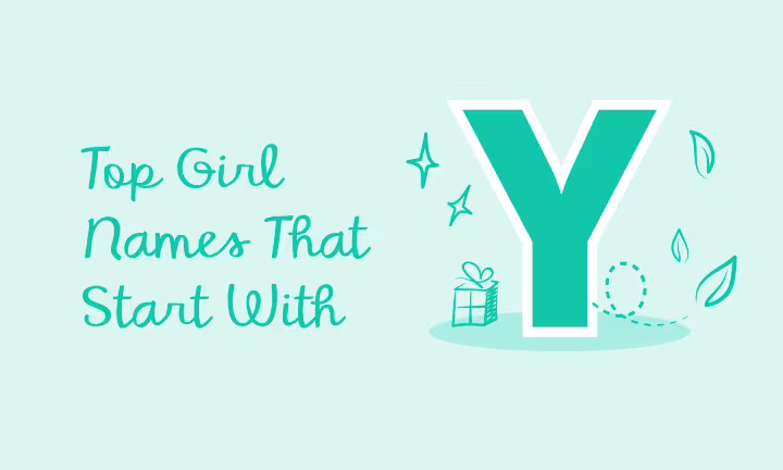 "Top girl names starting with 'Y' on light blue background with leaves and star graphics."