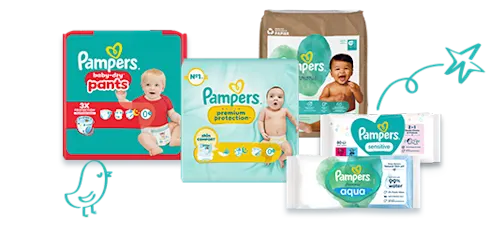 Pampers-tuotevalikoima: vaippoja, housuja ja puhdistuspyyhkeitä.