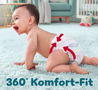 Ein Baby krabbelt auf einem weichen Teppich und präsentiert die ultra weichen un dehnbaren Materialien von Premium Protection Pants