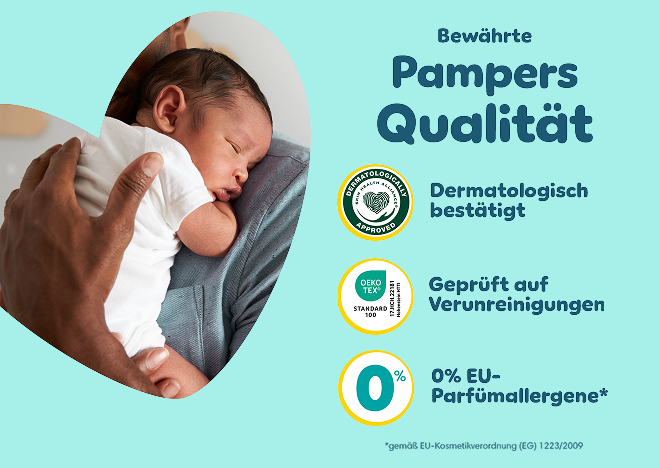 Bewährte Pampers Qualität: Dermatologisch bestätigt, 0% EU-Parfümallergene gemäß EU-Kosmetikverordnung (EG) 1223/2009, Geprüft auf Schadstoffe